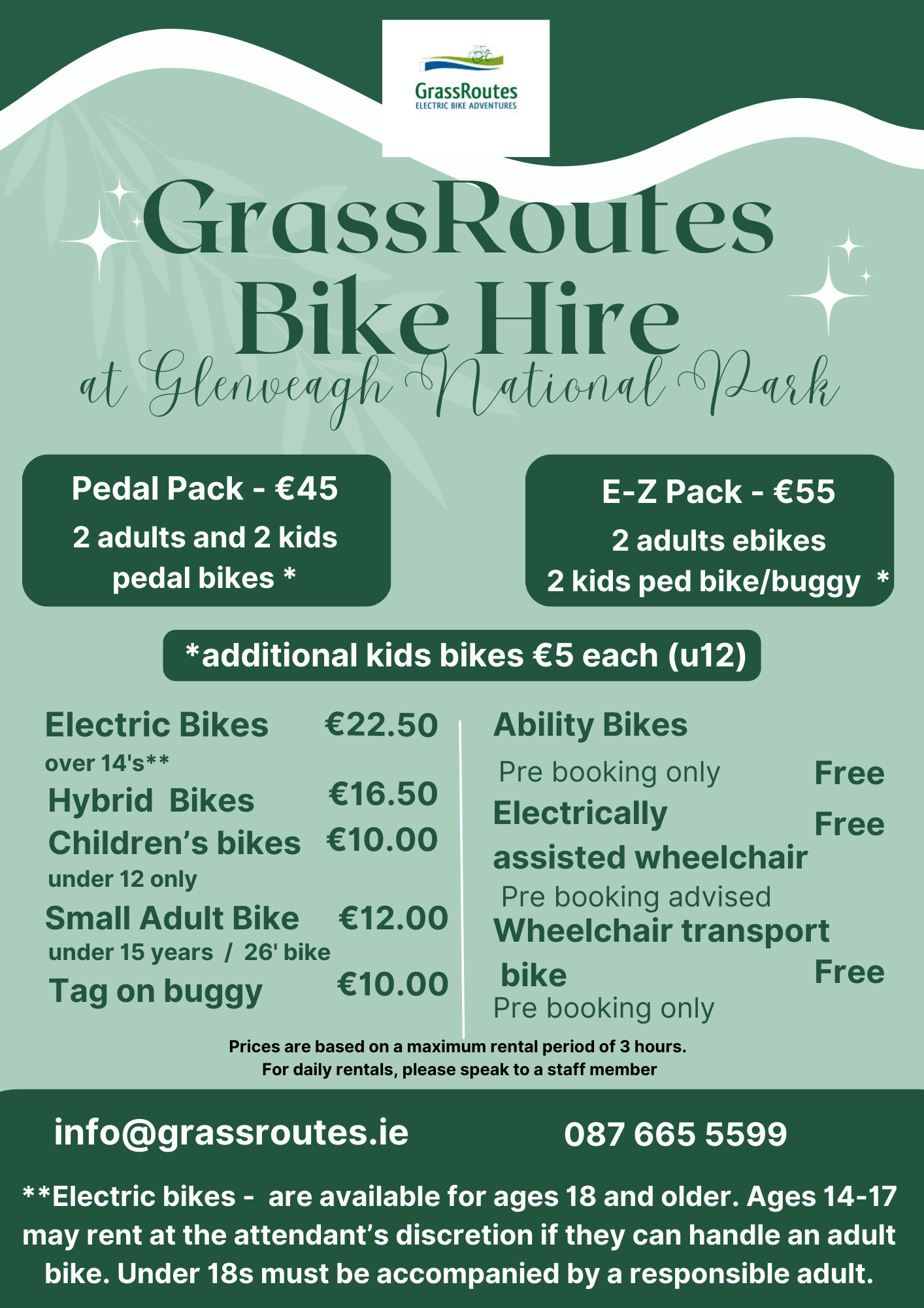Pricelist of Grassroutes Bike Hire